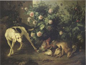 Francois Desportes Dog Guarding Game Near a Rosebush (mk05)